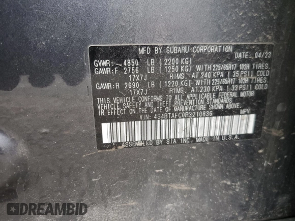 2023 Subaru Outback Premium with VIN 4S4BTAFC0P3210836, listed as a Copart auction lot 53441075 with 27,427 mi miles and Salvage title. Bid and sale history available at DreamBid. Image 13.