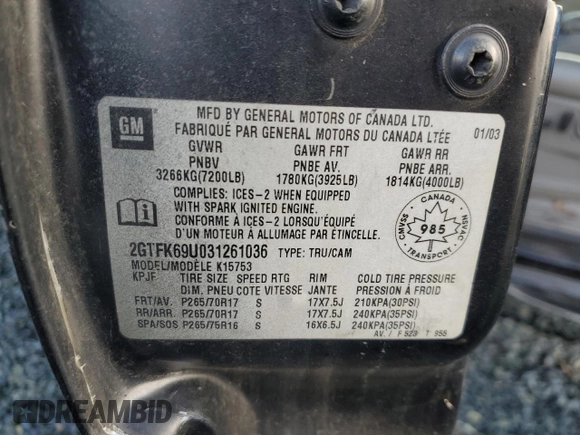 2003 GMC Sierra Denali z VIN 2GTFK69U031261036, wystawiony jako Copart lot #75353324 z przebiegiem 192 762 mil mil oraz Szkody całkowita. Historia ofert i sprzedaży dostępna na DreamBid. Obrazek 13.