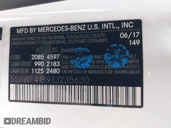 2018 Mercedes-Benz C 300 with VIN 55SWF4JB9JU235630, listed as a IAAI auction lot 42063801 with 117,855 mi miles and . Bid and sale history available at DreamBid. Image 9.