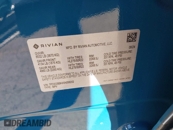 2025 Rivian R1S Adventure with VIN 7PDSGBBA9SN056202, listed as a IAAI auction lot 40766927 with 1,688 mi miles. Bid and sale history available at carsss.com. Image 9.