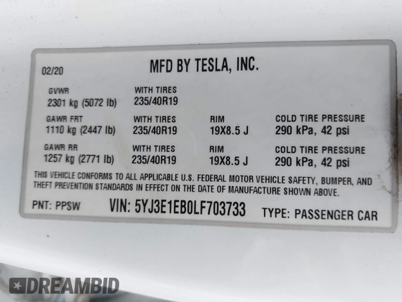 2020 Tesla Model 3 Long Range with VIN 5YJ3E1EB0LF703733, listed as a IAAI auction lot 41796732 with 75,027 mi miles. Bid and sale history available at carsss.com. Image 9.