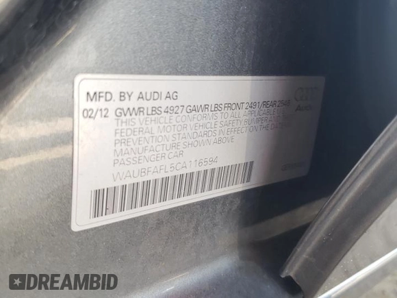 2012 Audi A4 2.0T Premium with VIN WAUBFAFL5CA116594, listed as a Copart auction lot 54142585 with 173,532 mi miles and Salvage Title. Bid and sale history available at carsss.com. Image 12.
