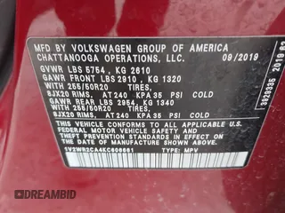 2019 Volkswagen Atlas SE with VIN 1V2WR2CA4KC606661, listed as a IAAI auction lot 42581054 with 89,079 mi miles and . Bid and sale history available at DreamBid. Image 9.