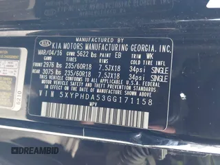 2016 Kia Sorento EX with VIN 5XYPHDA53GG171158, listed as a IAAI auction lot 42014017 with 219,595 mi miles. Bid and sale history available at carsss.com. Image 9.