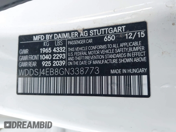 2016 Mercedes-Benz CLA 250 with VIN WDDSJ4EB8GN338773, listed as a IAAI auction lot 41771379 with 118,491 mi miles and . Bid and sale history available at DreamBid. Image 9.