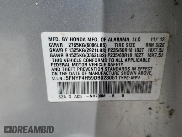 2013 Honda Pilot EX-L with VIN 5FNYF4H59DB023051, listed as a Copart auction lot 64324055 with 189,519 mi miles and Salvage title. Bid and sale history available at DreamBid. Image 13.