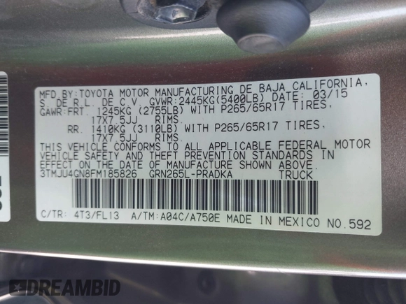 2015 Toyota Tacoma PreRunner with VIN 3TMJU4GN8FM185826, listed as a IAAI auction lot 42181952 with 229,936 mi miles and . Bid and sale history available at DreamBid. Image 9.