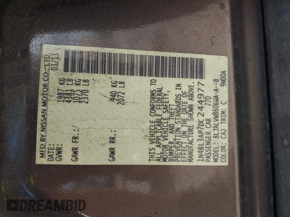 2013 Nissan Altima SV with VIN 1N4BL3AP7DC244977, listed as a IAAI auction lot 41656408 with 151,807 mi miles and . Bid and sale history available at DreamBid. Image 9.
