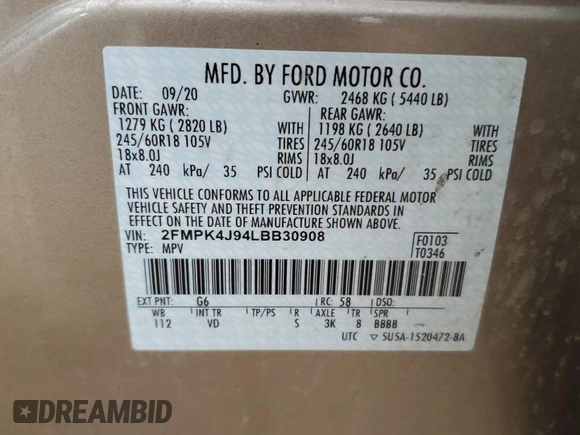 2020 Ford Edge SEL with VIN 2FMPK4J94LBB30908, listed as a Copart auction lot 79902094 with 60,986 mi miles and Salvage Title. Bid and sale history available at carsss.com. Image 16.