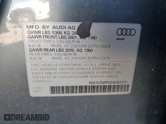 2014 Audi Q5 Premium Plus with VIN WA1LFAFP5EA083331, listed as a Copart auction lot 56058375 with 138,065 mi miles and Salvage title. Bid and sale history available at DreamBid. Image 13.
