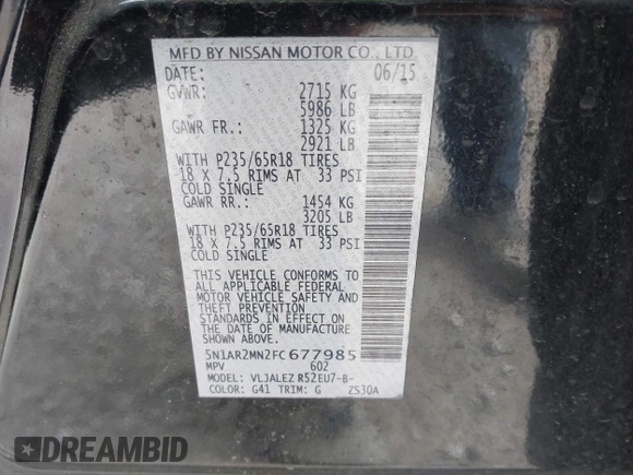 2015 Nissan Pathfinder SV with VIN 5N1AR2MN2FC677985, listed as a IAAI auction lot 41879156 with 114,339 mi miles and . Bid and sale history available at DreamBid. Image 9.