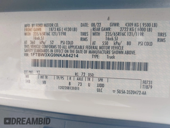 2022 Ford Transit Cargo with VIN 1FTBW3XG9NKA84214, listed as a IAAI auction lot 42033413 with 6,746 mi miles and . Bid and sale history available at DreamBid. Image 9.