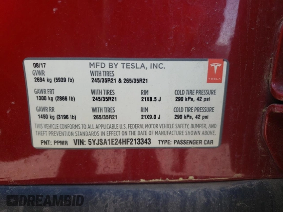 2017 Tesla Model S 100D with VIN 5YJSA1E24HF213343, listed as a Copart auction lot 52175575 with 72,502 mi miles and Salvage Title. Bid and sale history available at DreamBid. Image 15.