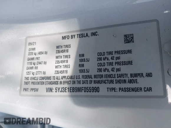 2021 Tesla Model 3 Long Range with VIN 5YJ3E1EB9MF055990, listed as a IAAI auction lot 41584065 with 49,147 mi miles and . Bid and sale history available at carsss.com. Image 9.