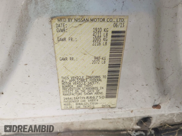 2015 Nissan Altima S with VIN 1N4AL3AP7FN886750, listed as a IAAI auction lot 42090224 with 145,043 mi miles and . Bid and sale history available at DreamBid. Image 9.