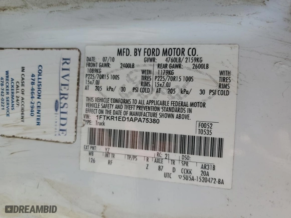 2010 Ford Ranger XL with VIN 1FTKR1ED1APA75380, listed as a Copart auction lot 50027085 with 223,895 mi miles and Salvage Title. Bid and sale history available at carsss.com. Image 12.