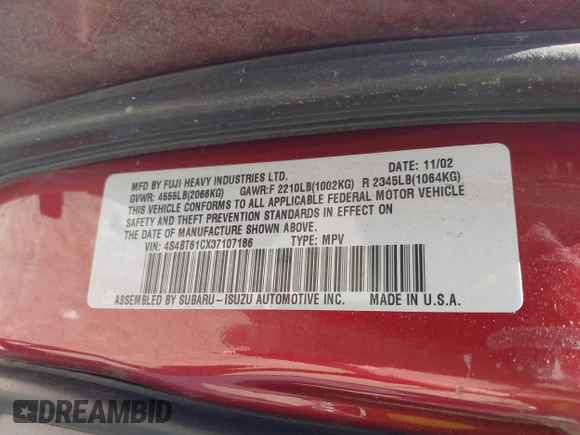 2003 Subaru Baja with VIN 4S4BT61CX37107186, listed as a IAAI auction lot 42132989 with 247,000 mi miles and . Bid and sale history available at DreamBid. Image 9.