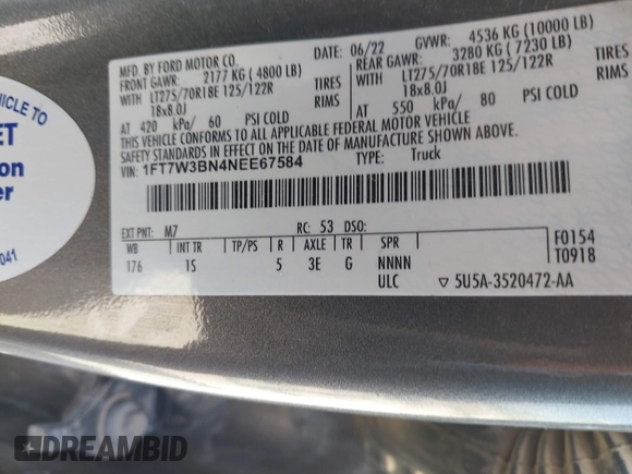 2022 Ford F-350 with VIN 1FT7W3BN4NEE67584, listed as a IAAI auction lot 42010364 with 28,926 mi miles and . Bid and sale history available at DreamBid. Image 9.