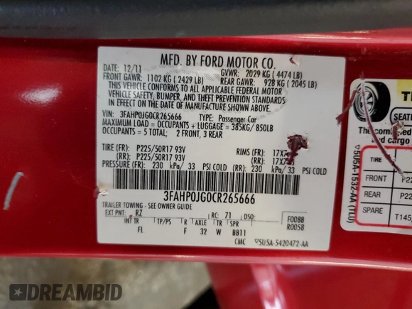 2012 Ford Fusion SEL z VIN 3FAHP0JG0CR265666, wystawiony jako Copart lot #62860355 z przebiegiem 126 812 mil mil oraz Szkoda całkowita • Salvage title. Historia ofert i sprzedaży dostępna na DreamBid. Obrazek 12.