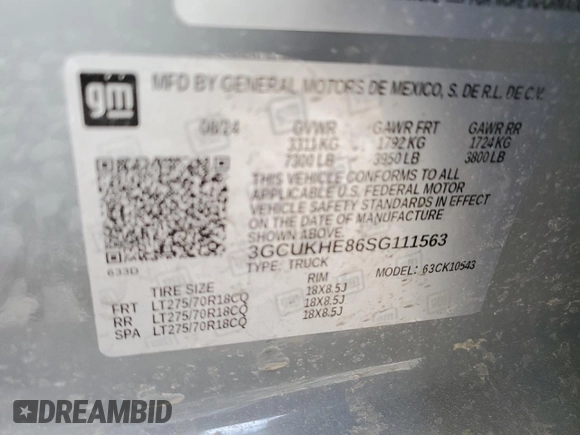 2025 Chevrolet Silverado 1500 with VIN 3GCUKHE86SG111563, listed as a Copart auction lot 42922455 with Not Provided miles and Salvage Title. Bid and sale history available at DreamBid. Image 13.