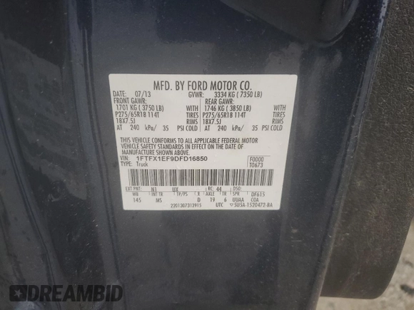 2013 Ford F-150 XL with VIN 1FTFX1EF9DFD16850, listed as a Copart auction lot 51938965 with 0 mi miles and Salvage Title. Bid and sale history available at carsss.com. Image 12.