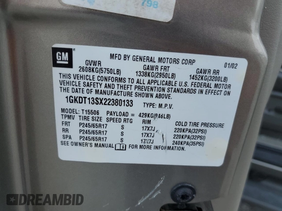 2002 GMC Envoy SLT with VIN 1GKDT13SX22380133, listed as a Copart auction lot 69816144 with 90,060 mi miles and Salvage Title. Bid and sale history available at DreamBid. Image 14.