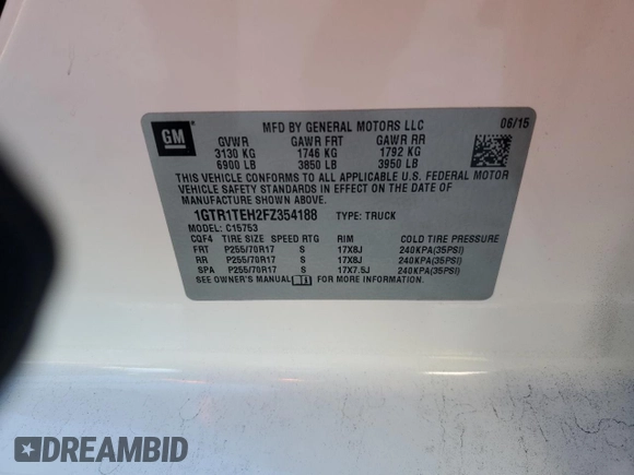 2015 GMC Sierra 1500 z VIN 1GTR1TEH2FZ354188, wystawiony jako Copart lot #83147274 z przebiegiem 119 611 mil mil oraz Szkoda całkowita • Salvage title. Historia ofert i sprzedaży dostępna na DreamBid. Obrazek 12.