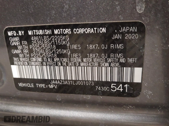 2020 Mitsubishi Outlander ES with VIN JA4AZ3A31LJ001073, listed as a IAAI auction lot 41618558 with 18,522 mi miles and . Bid and sale history available at DreamBid. Image 9.