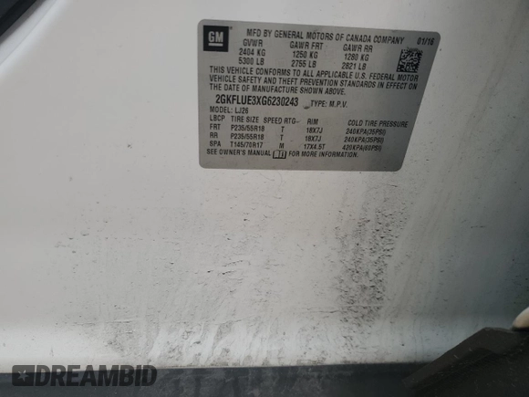 2016 GMC Terrain SLT z VIN 2GKFLUE3XG6230243, wystawiony jako Copart lot #52016775 z przebiegiem 148 257 mil mil oraz Szkoda całkowita • Salvage title. Historia ofert i sprzedaży dostępna na DreamBid. Obrazek 13.