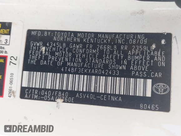 2010 Toyota Camry with VIN 4T4BF3EKXAR042433, listed as a IAAI auction lot 42212780 with 250,527 mi miles and . Bid and sale history available at DreamBid. Image 9.