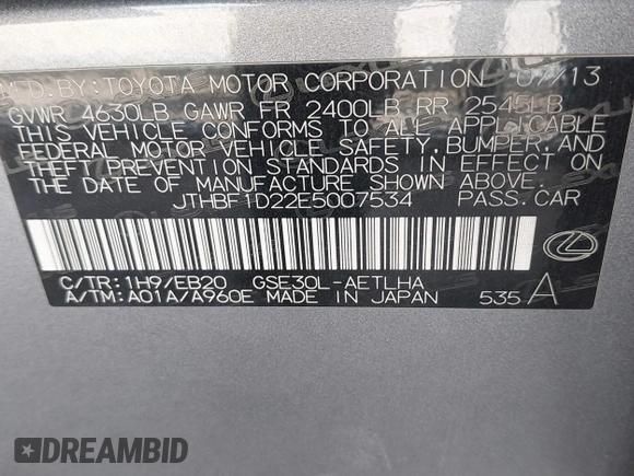 2014 Lexus IS 250 with VIN JTHBF1D22E5007534, listed as a IAAI auction lot 41840871 with 159,776 mi miles. Bid and sale history available at carsss.com. Image 9.