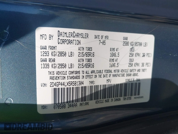 2005 Dodge Caravan SXT z VIN 2D4GP44LX5R581304, wystawiony jako IAAI lot #42709024 z przebiegiem 79 073 mil mil oraz . Historia ofert i sprzedaży dostępna na DreamBid. Obrazek 9.