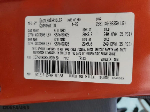 2005 Dodge Ram 1500 SLT with VIN 1D7HU16D65J626490, listed as a Copart auction lot 48434845 with 164,201 mi miles and Non Repairable. Bid and sale history available at carsss.com. Image 13.