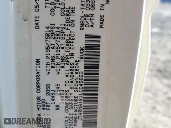 1990 Toyota Pickup with VIN JT4RN81R1L0049863, listed as a Copart auction lot 42832405 with 230,913 mi miles and Salvage title. Bid and sale history available at DreamBid. Image 14.