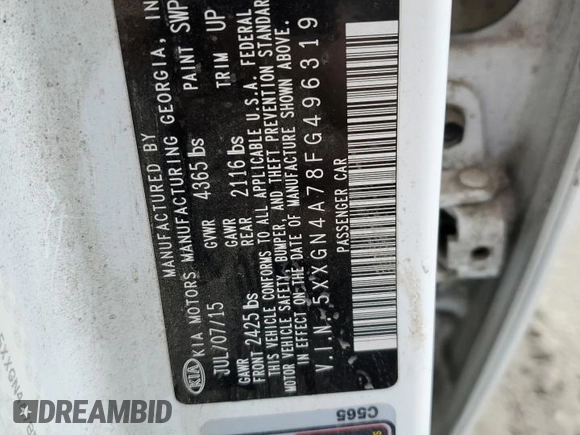2015 Kia Optima EX with VIN 5XXGN4A78FG496319, listed as a Copart auction lot 44060095 with 101,584 mi miles and Salvage Title. Bid and sale history available at DreamBid. Image 14.