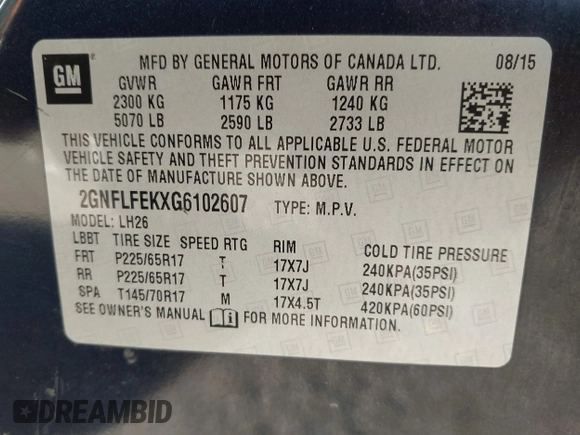 2016 Chevrolet Equinox LT with VIN 2GNFLFEKXG6102607, listed as a IAAI auction lot 42181469 with 104,196 mi miles and . Bid and sale history available at DreamBid. Image 9.