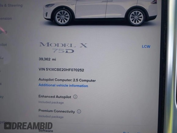 2017 Tesla Model X 90D z VIN 5YJXCBE20HF070252, wystawiony jako IAAI lot #42281644 z przebiegiem 39 362 mil mil oraz . Historia ofert i sprzedaży dostępna na DreamBid. Obrazek 7.