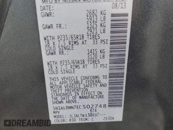 2014 Infiniti QX60 with VIN 5N1AL0MN7EC502748, listed as a Copart auction lot 61034955 with 174,278 mi miles and Salvage title. Bid and sale history available at DreamBid. Image 13.