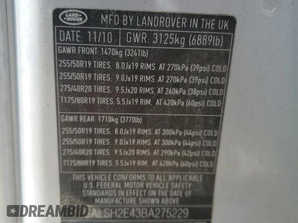 2011 Land Rover Range Rover Sport SC z VIN SALSH2E43BA275229, wystawiony jako Copart lot #55213775 z przebiegiem 73 052 mil mil oraz Nie do naprawy • Non repairable. Historia ofert i sprzedaży dostępna na DreamBid. Obrazek 13.