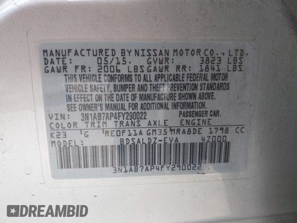 2015 Nissan Sentra SR with VIN 3N1AB7AP4FY290022, listed as a IAAI auction lot 42137106 with 106,189 mi miles and . Bid and sale history available at DreamBid. Image 9.