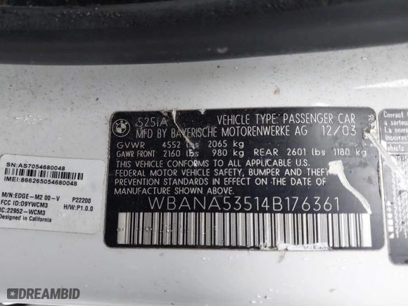 2004 BMW 5 Series 525i with VIN WBANA53514B176361, listed as a IAAI auction lot 41325804 with NaN miles. Bid and sale history available at carsss.com. Image 9.