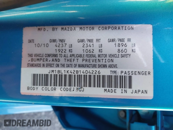 2011 Mazda 3 Mazdaspeed3 Sport with VIN JM1BL1K42B1404226, listed as a IAAI auction lot 41751469 with 121,270 mi miles and . Bid and sale history available at DreamBid. Image 9.