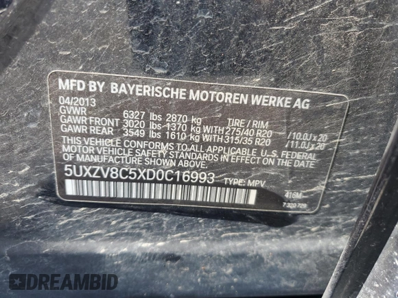 2013 BMW X5 xDrive50i with VIN 5UXZV8C5XD0C16993, listed as a Copart auction lot 60169825 with 90,382 mi miles and Salvage title. Bid and sale history available at DreamBid. Image 12.