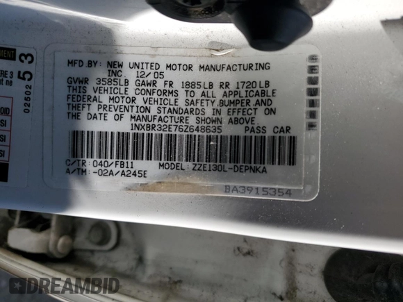 2006 Toyota Corolla CE with VIN 1NXBR32E76Z648635, listed as a Copart auction lot 63612905 with 163,489 mi miles and Salvage title. Bid and sale history available at DreamBid. Image 13.