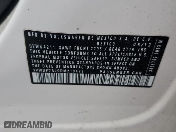 2013 Volkswagen Jetta SE z VIN 3VWDP7AJ0DM219473, wystawiony jako Copart lot #57700105 z przebiegiem 135 832 mil mil oraz Szkoda całkowita • Salvage title. Historia ofert i sprzedaży dostępna na DreamBid. Obrazek 13.