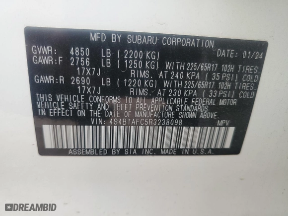 2024 Subaru Outback Premium with VIN 4S4BTAFC5R3238098, listed as a Copart auction lot 46111705 with 7,920 mi miles and Salvage Title. Bid and sale history available at carsss.com. Image 16.