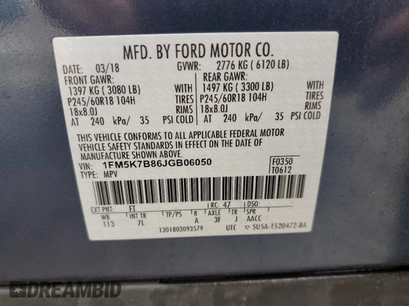 2018 Ford Explorer с VIN 1FM5K7B86JGB06050, выставлен на аукционе Copart как лот 57459035 с пробегом 121 306 миль миль и Списание • Salvage title. История ставок и продаж доступна на DreamBid. Изображение 14.