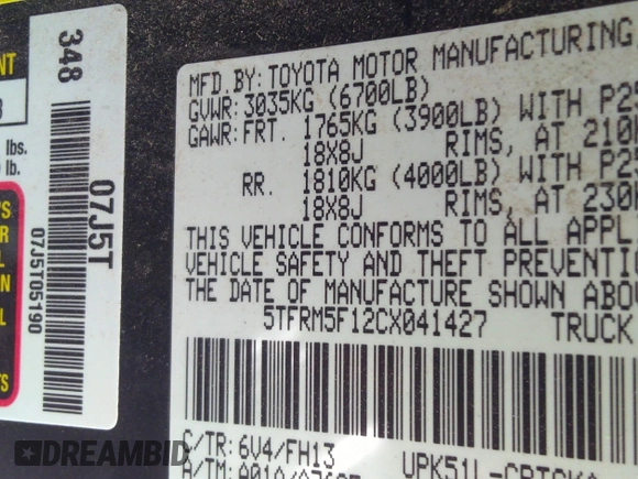 2012 Toyota Tundra с VIN 5TFRM5F12CX041427, выставлен на аукционе IAAI как лот 37122352 с пробегом 187 700 миль миль и . История ставок и продаж доступна на DreamBid. Изображение 9.
