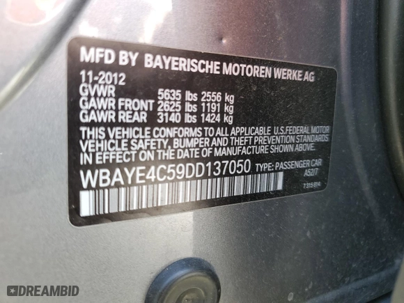 2013 BMW 7 Series 740Li with VIN WBAYE4C59DD137050, listed as a Copart auction lot 71686644 with 140,685 mi miles and Clean Title. Bid and sale history available at carsss.com. Image 12.
