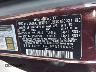 2019 Kia Sorento LX z VIN 5XYPG4A58KG565461, wystawiony jako IAAI lot #42099618 z przebiegiem 42 574 mil mil oraz . Historia ofert i sprzedaży dostępna na DreamBid. Obrazek 9.